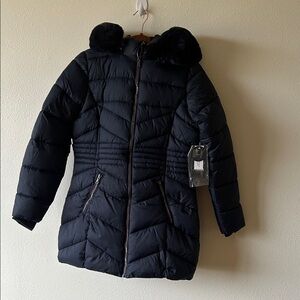 Navy Puffer Coat with Faux Fur Trim